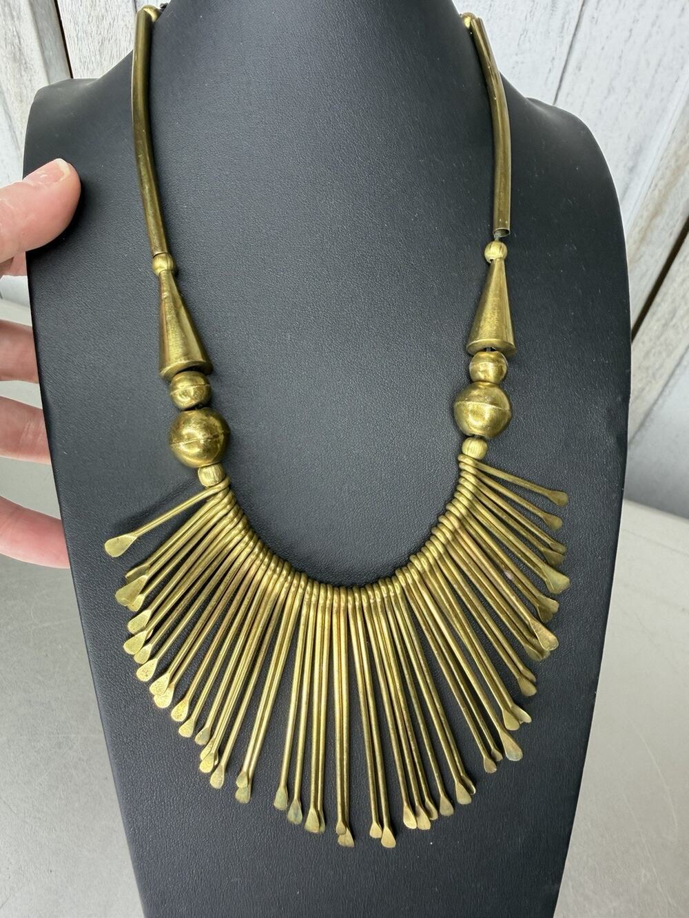 Vintage Cleopatra Statement Necklace Tribal Brass Fringe Bib Brutalist MCM